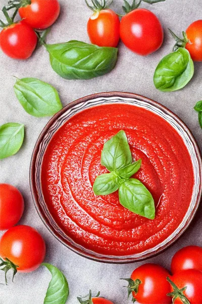 Sugo di pomodoro piccante in ciotola con basilico e pomodorini, esempio guidato dal prodotto all’etichetta